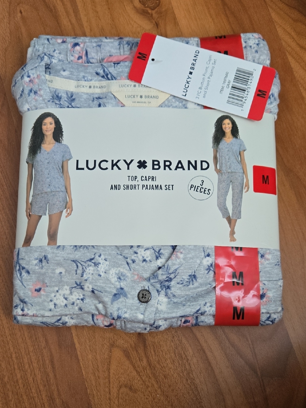Lucky Brand Light Heather Gray Floral 3-Piece Pajama Set